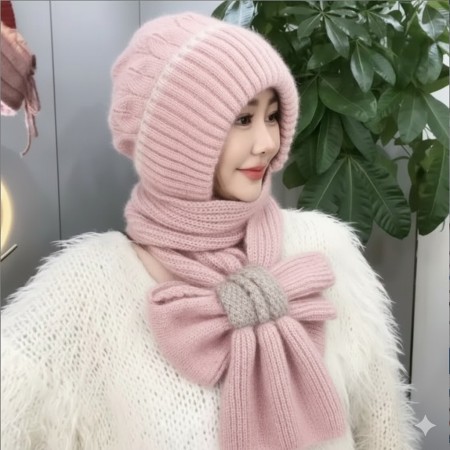 Windproof Cap with Scarf Double spell- Soft Pink