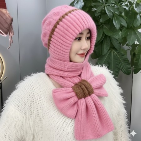 Windproof Cap with Scarf Double spell- Hot Pink